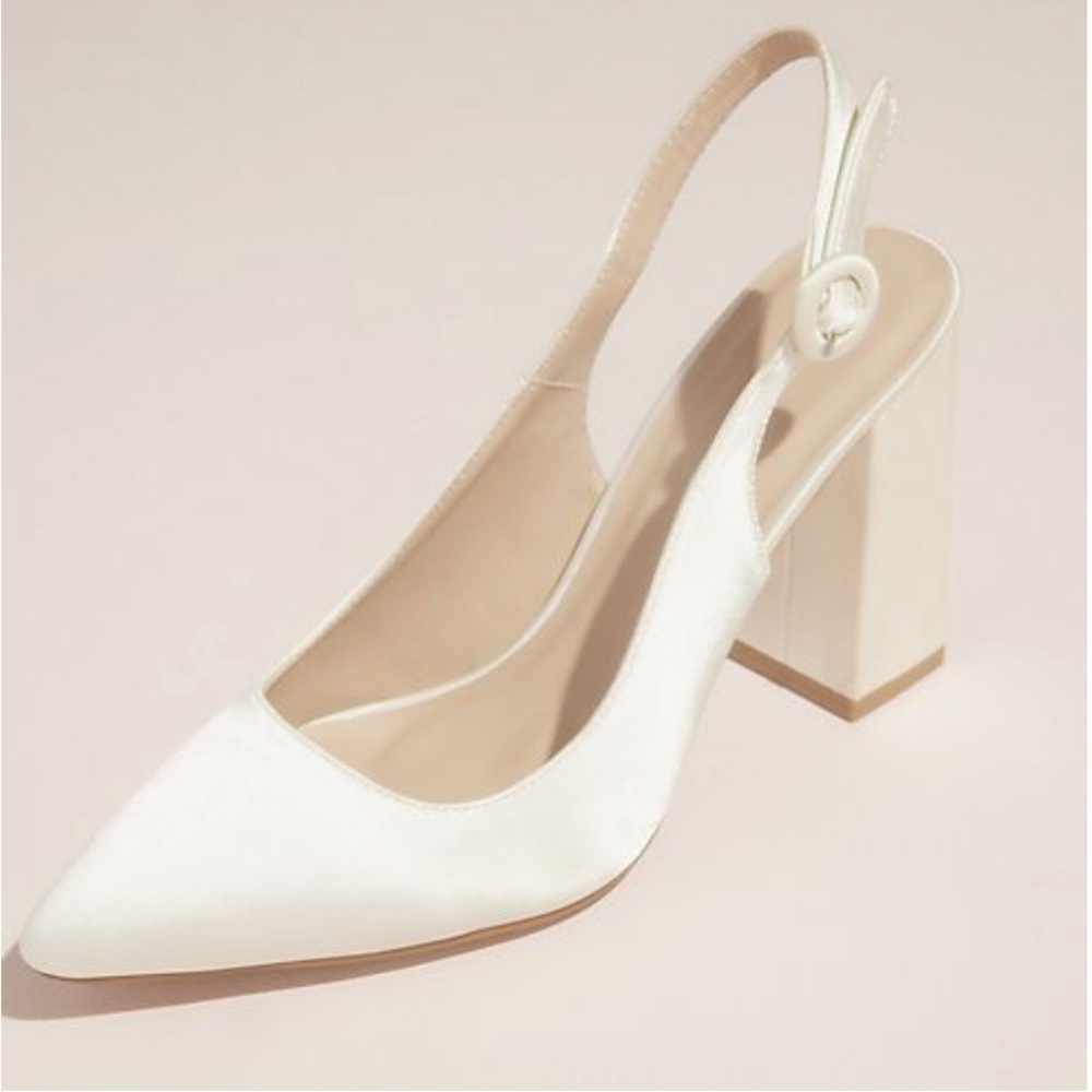 David's Bridal White Pointed Toe Block Heel Slingback
